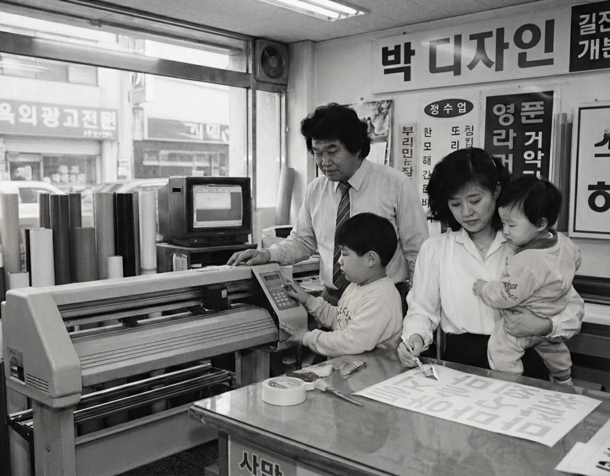 The Park family at the sign shop, around 1990